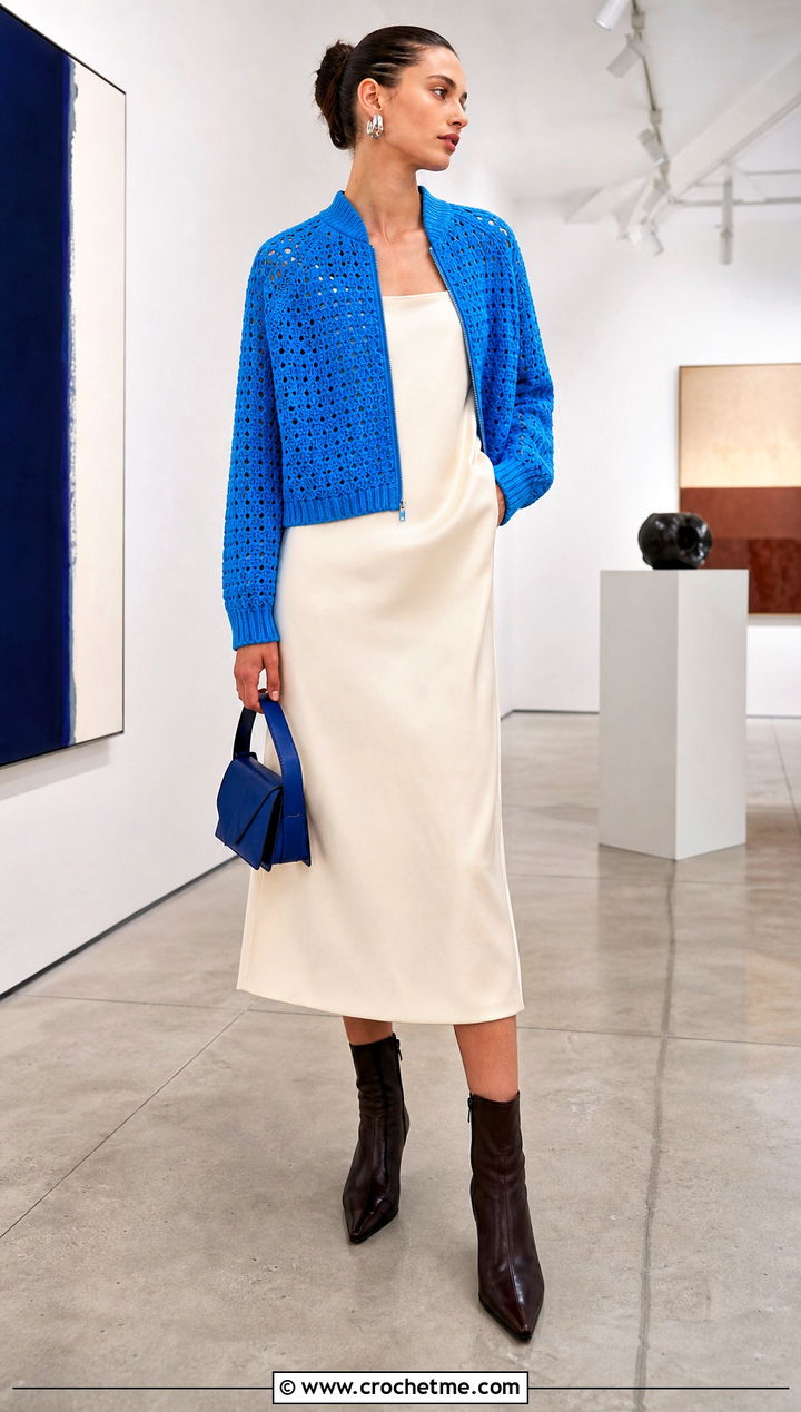 Crochet Bomber Jacket With Column Dress - 35 whimsical crochet clothes and outfit ideas