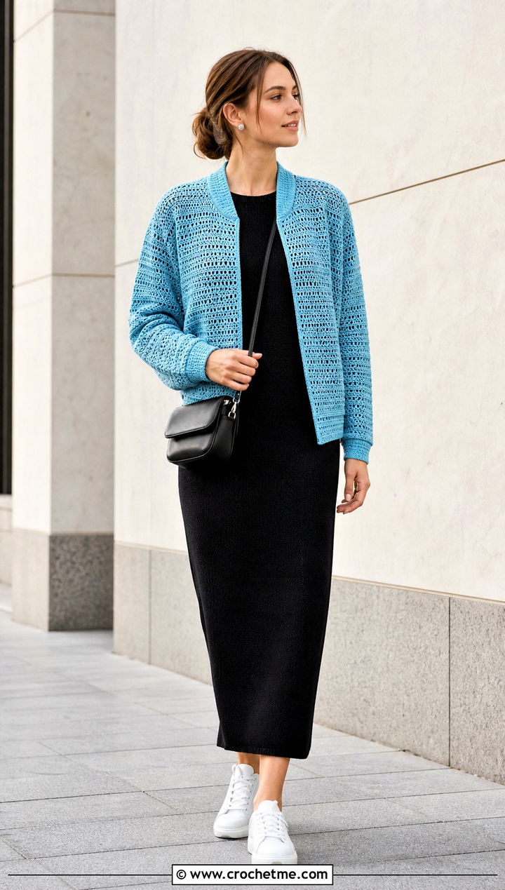 Crochet Bomber Jacket With Column Dress - 25 Crochet Projects Aesthetic Clothes and outfit ideas