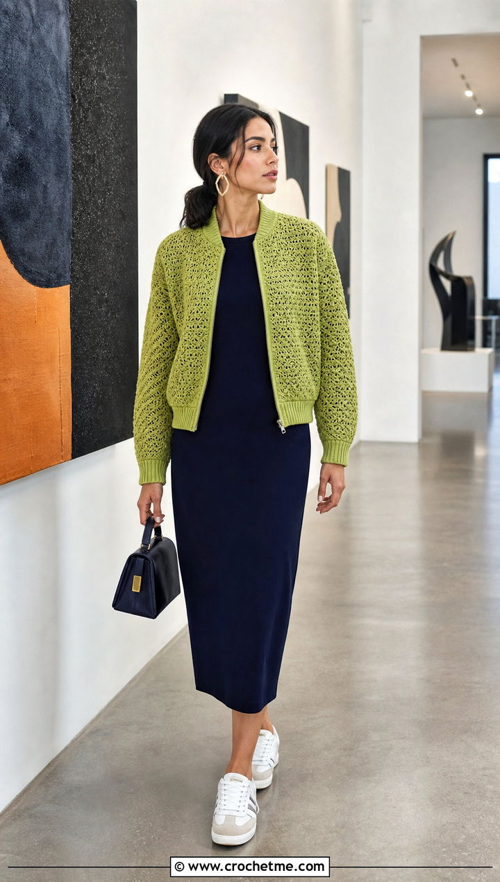 Crochet Bomber Jacket With Column Dress - 25 Diy Crochet Outfits ideas