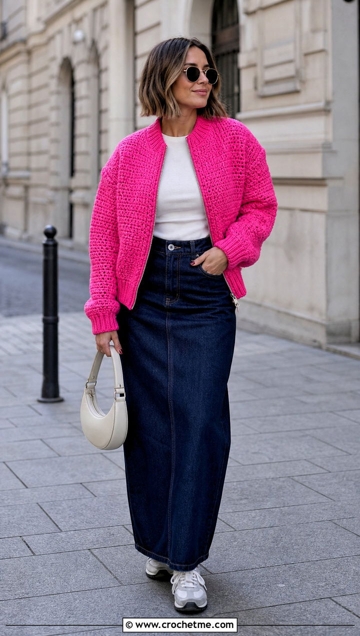 Crochet Bomber Jacket With Denim Maxi Skirt - 15 crochet vest coats & jackets outfit ideas