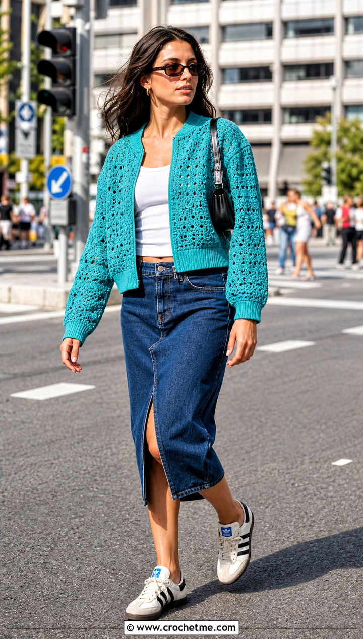 Crochet Bomber Jacket With Denim Midi Skirt - 25 trendy crochet clothes and outfit ideas