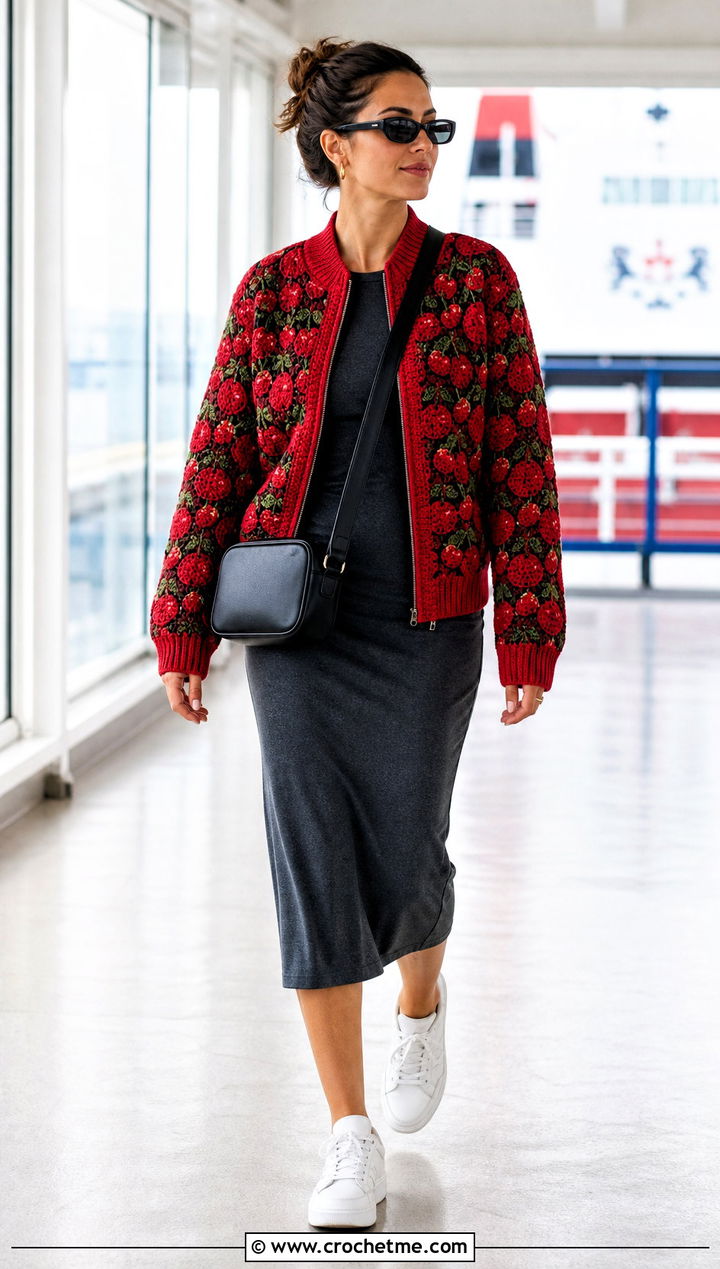 Crochet Bomber Jacket With Jersey Dress - 25 crochet vacation outfits ideas