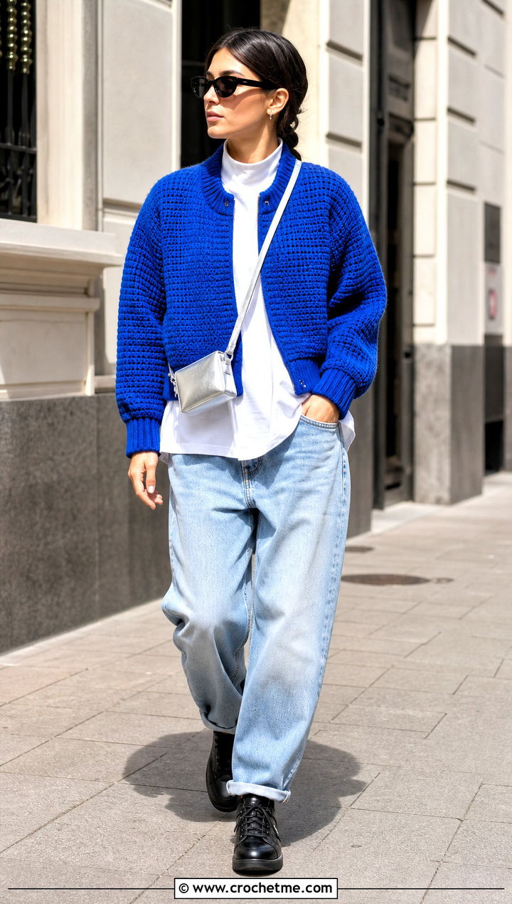 Crochet Bomber Jacket With Loose Jeans - 35 Modest Crochet Outfit Ideas