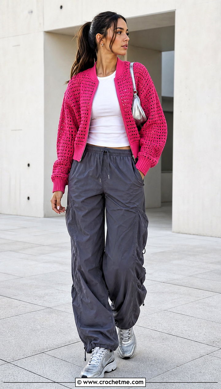 Crochet Bomber Jacket With Parachute Pants - 30 crochet clothes outfit ideas