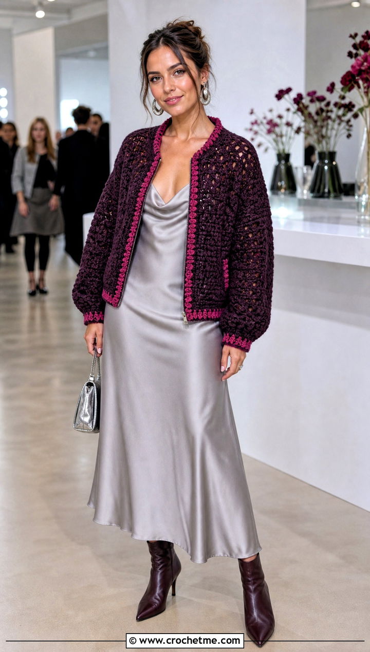 Crochet Bomber Jacket With Satin Slip Dress - 15 colorful crochet clothing design outfit ideas