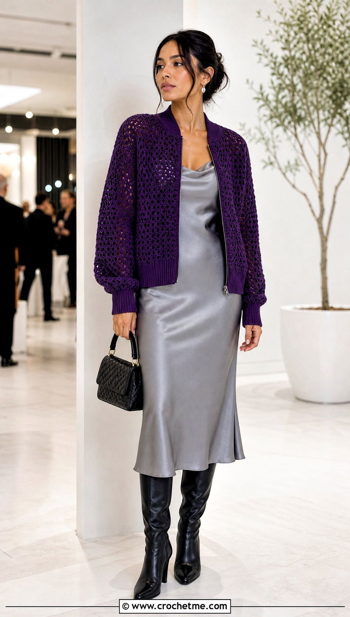 Crochet Bomber Jacket With Satin Slip Dress - 25 Fall Crochet Outfit Ideas