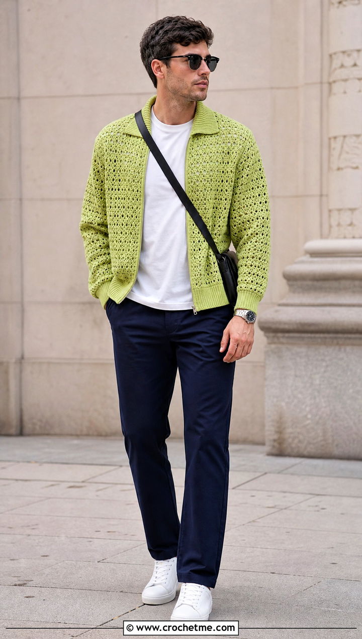 Crochet Bomber Jacket With Straight Chinos - 25 Crochet Guys Clothes and outfit ideas