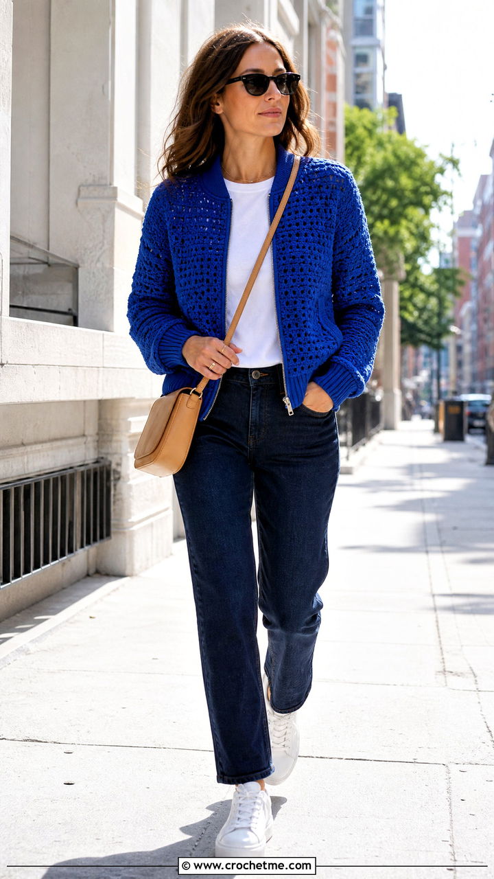Crochet Bomber Jacket With Straight Jeans - 35 crochet clothes and accessories outfit ideas