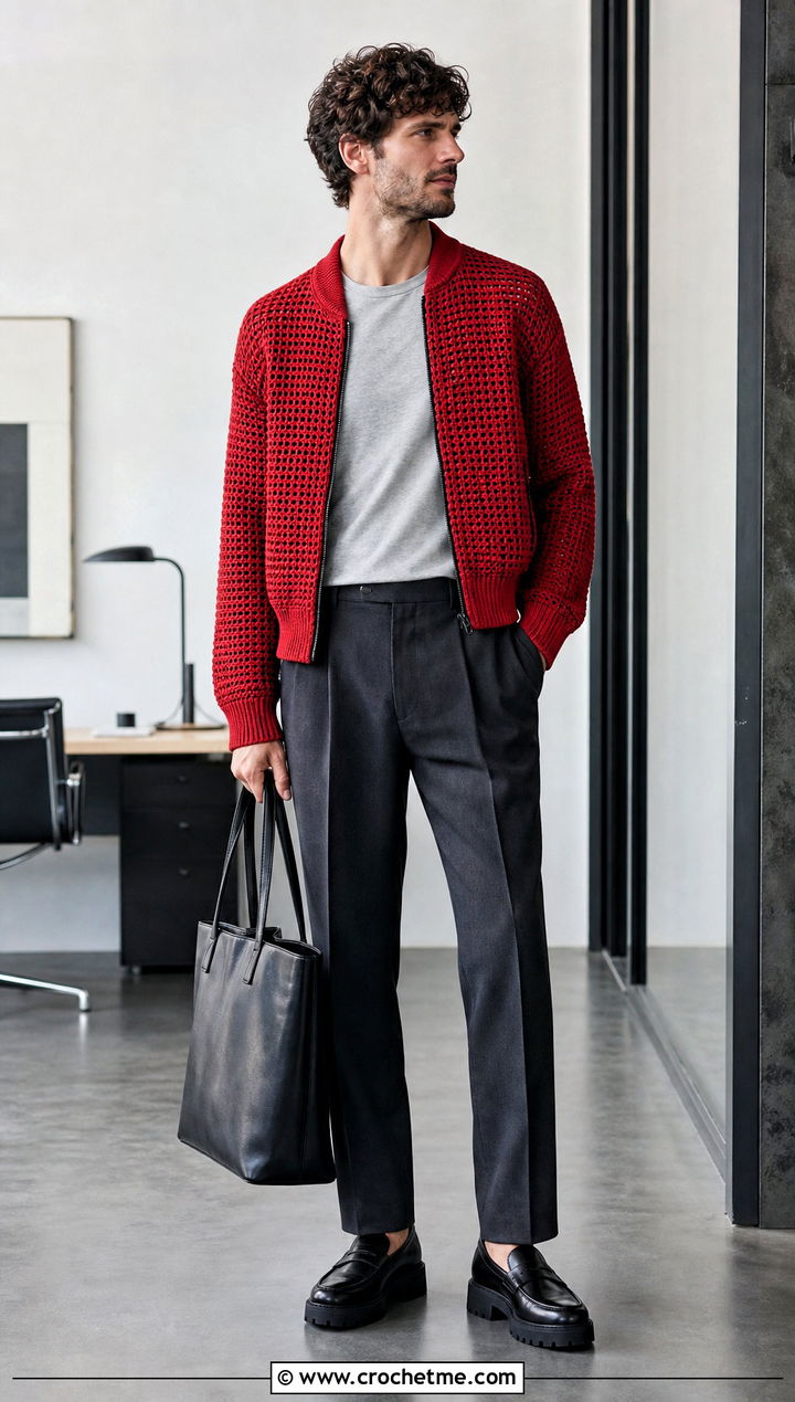 Crochet Bomber Jacket With Tailored Pants - 25 crochet clothes men ideas