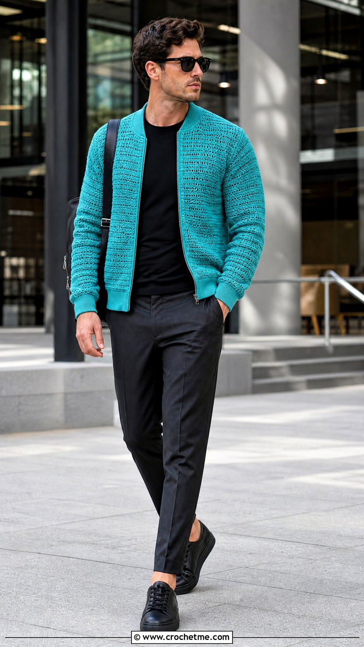 Crochet Bomber Jacket With Tailored Pants - 35 crochet clothes for men outfit ideas