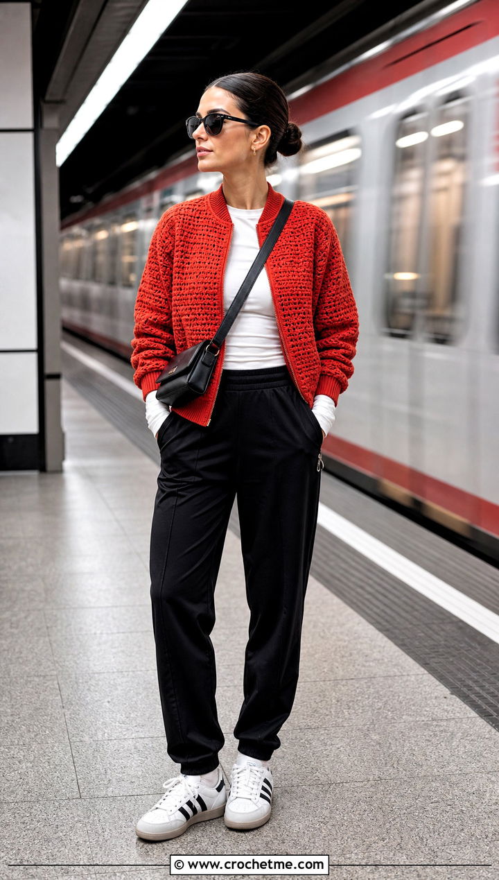 Crochet Bomber Jacket With Track Pants - 30 winter crochet clothes ideas