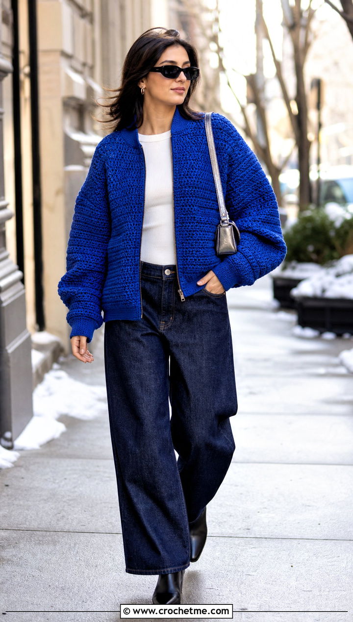 Crochet Bomber Jacket With Wide Leg Jeans - 30 crochet winter jacket outfit ideas