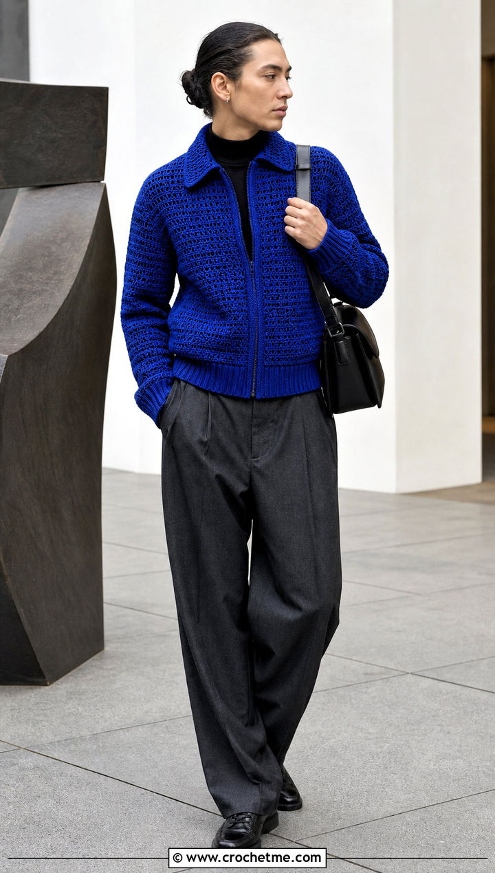 Crochet Bomber Jacket With Wool Trousers - 30 Masc Crochet Clothes and outfit ideas