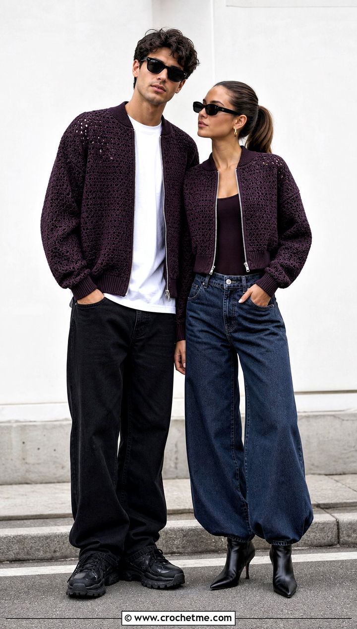 Crochet Bomber Jackets With Streetwear Basics - 30 couples crochet outfit ideas