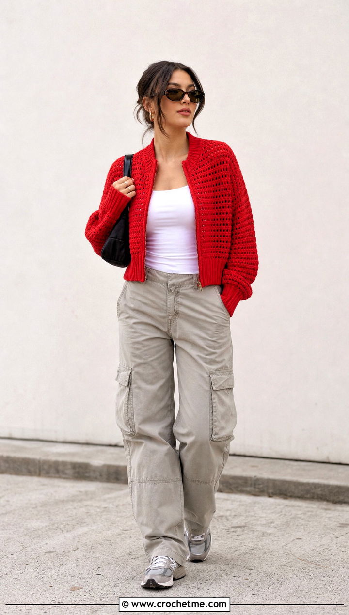 Crochet Bomber Sweater Jacket With Cargo Pants - 20 Crochet Sweater Jacket outfit ideas