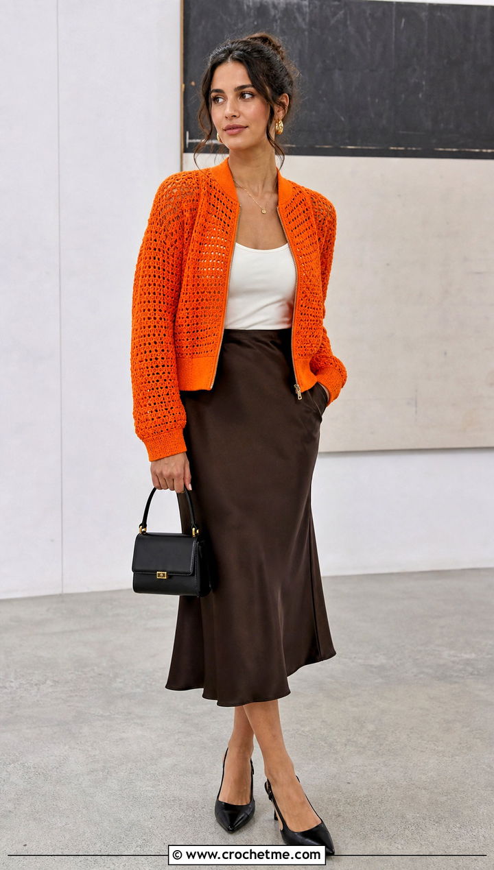 Crochet Bomber Zip Jacket With Satin Midi Skirt - 25 crochet jacket with zipper outfit ideas