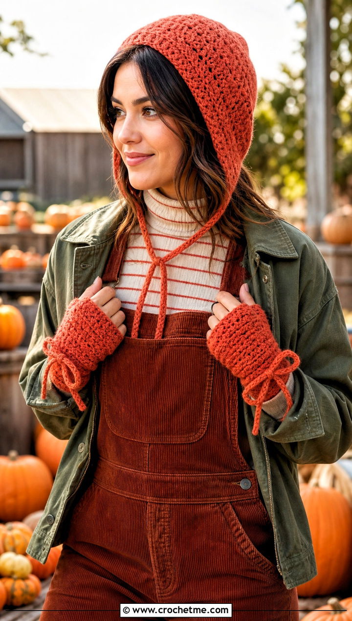 Crochet Bonnet And Bow Cuff Warmers With Corduroy Overalls - 15 Crochet Hat With Hand Warmer outfit ideas
