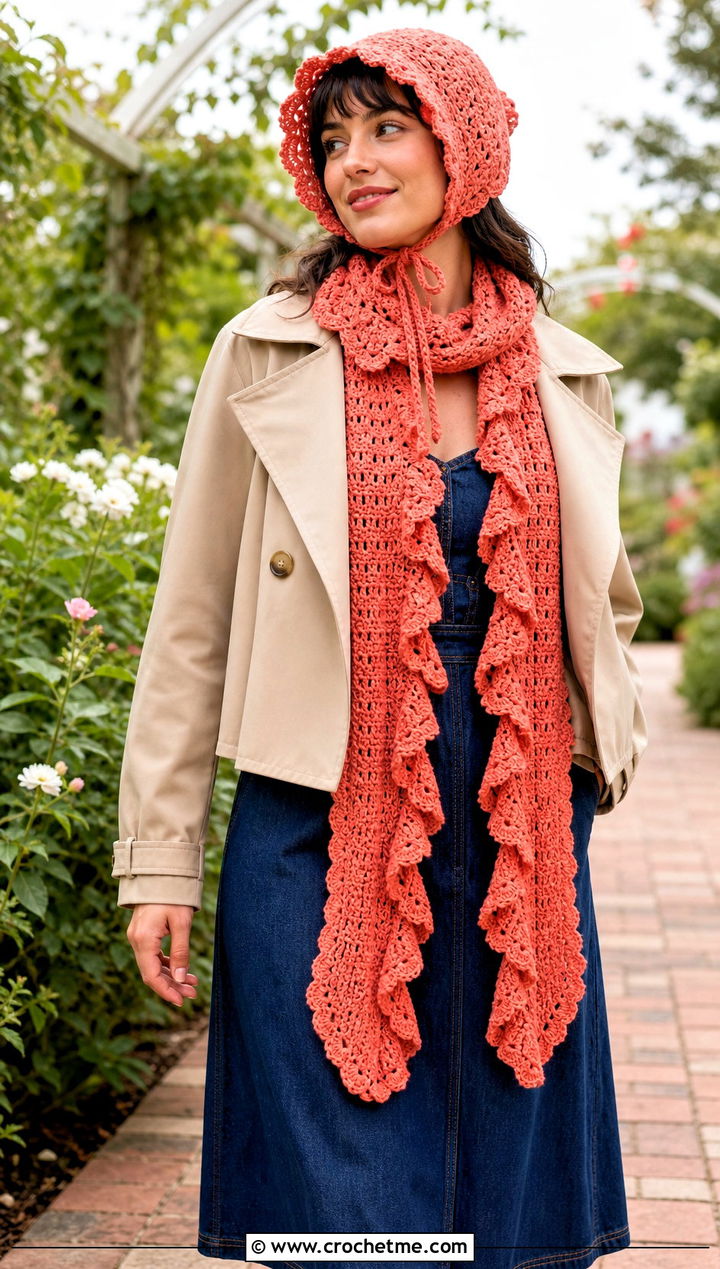 Crochet Bonnet And Ruffle Scarf With Denim Midi Dress - 25 crochet scarf hat combo outfit ideas