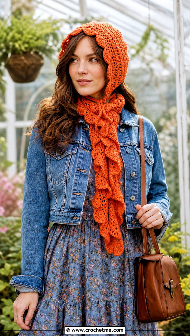 Crochet Bonnet And Ruffle Scarf With Prairie Dress - 25 crochet hat scarf outfit ideas