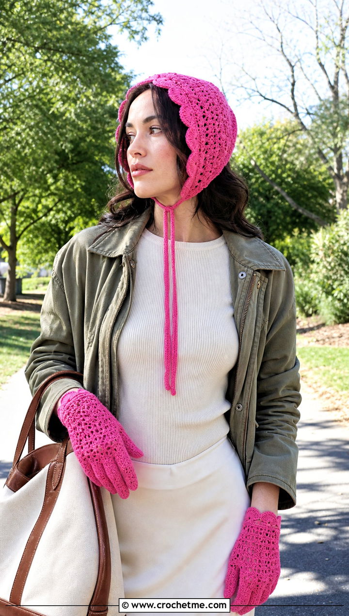 Crochet Bonnet And Scalloped Gloves With Utility Jacket - 15 Crochet Hat And Gloves outfit ideas