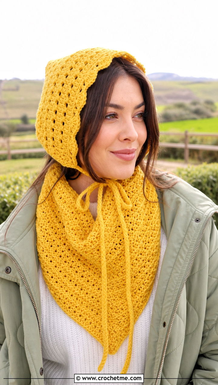 Crochet Bonnet And Triangle Scarf Set With Quilted Jacket - 25 Crochet Scarf And Hat Set outfit ideas