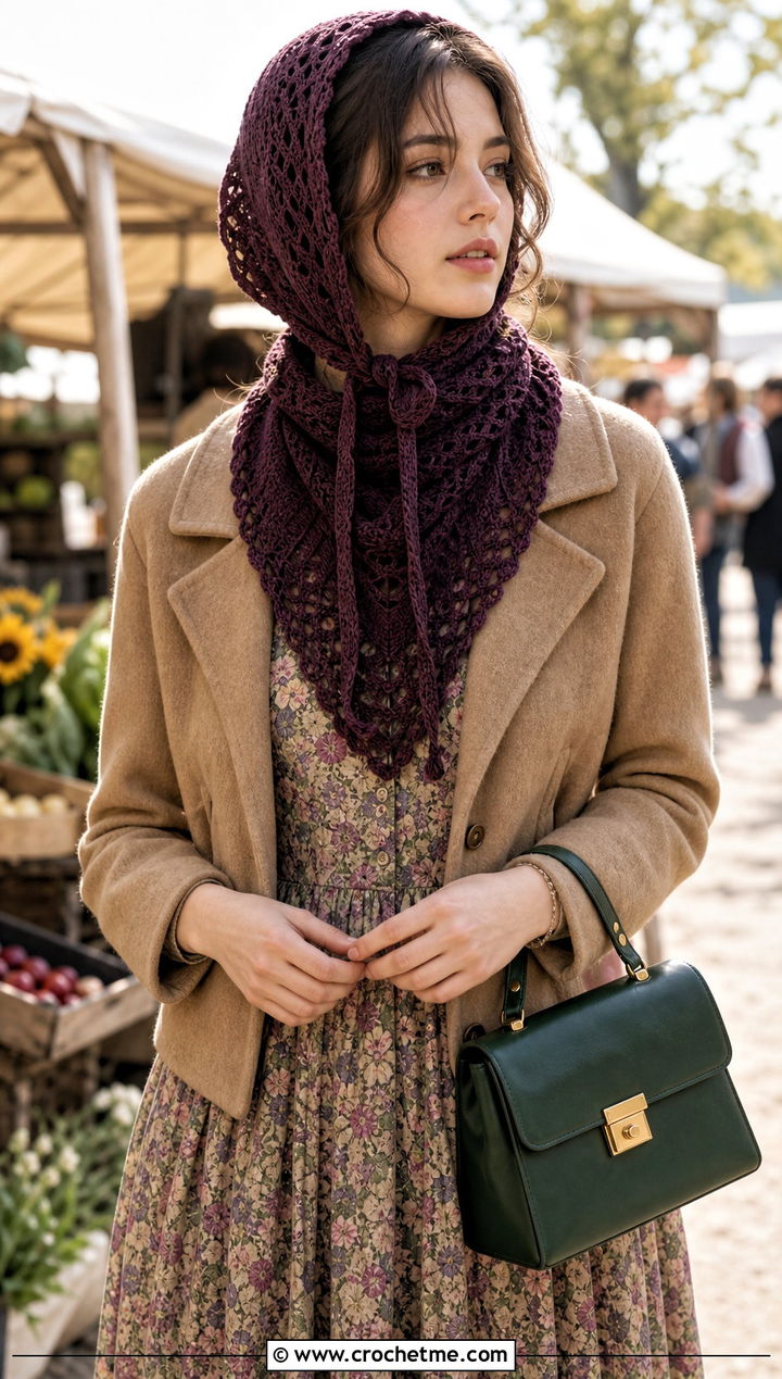 Crochet Bonnet And Triangle Scarf With Prairie Dress - 15 Crochet Scarf Hat outfit ideas