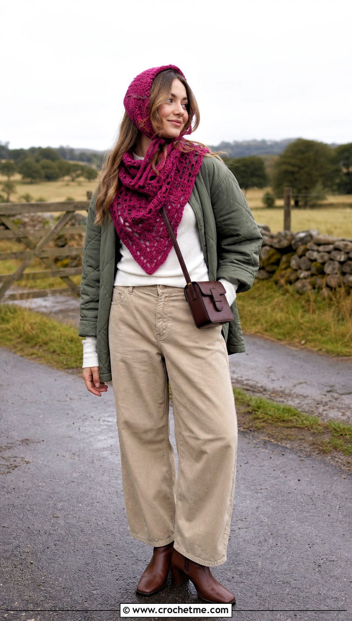 Crochet Bonnet And Triangle Scarf With Quilted Jacket - 35 crochet hat and scarf set outfit ideas