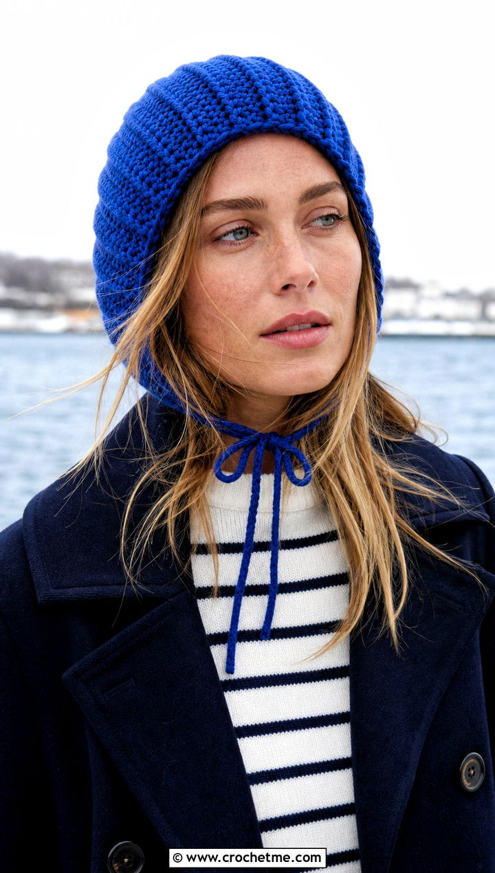 Crochet Bonnet Beanie With Peacoat And Straight Leg Jeans - 25 winter crochet hat for women outfit ideas