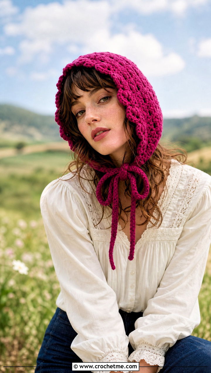 Crochet Bonnet Flap Hat With Prairie Blouse - 30 crochet flap hat outfit ideas