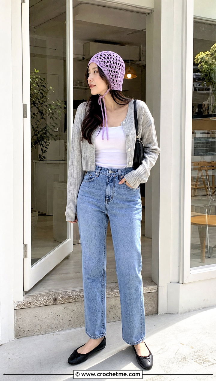 Crochet Bonnet Hat With A Cardigan And Jeans - 35 simple crochet hat outfit ideas