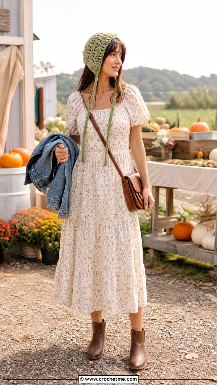 Crochet Bonnet Hat With A Prairie Dress - 35 Crochet Hats For Women outfit ideas
