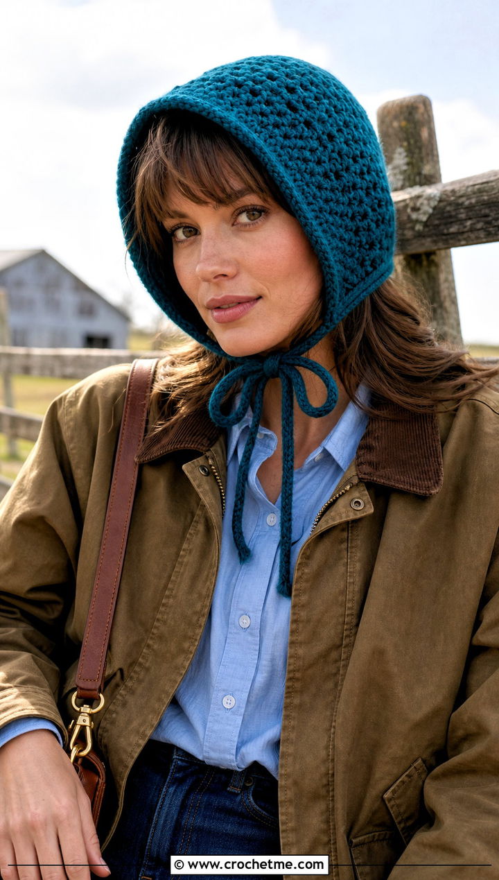 Crochet Bonnet Hat With Barn Jacket - 25 fast crochet hat outfit ideas