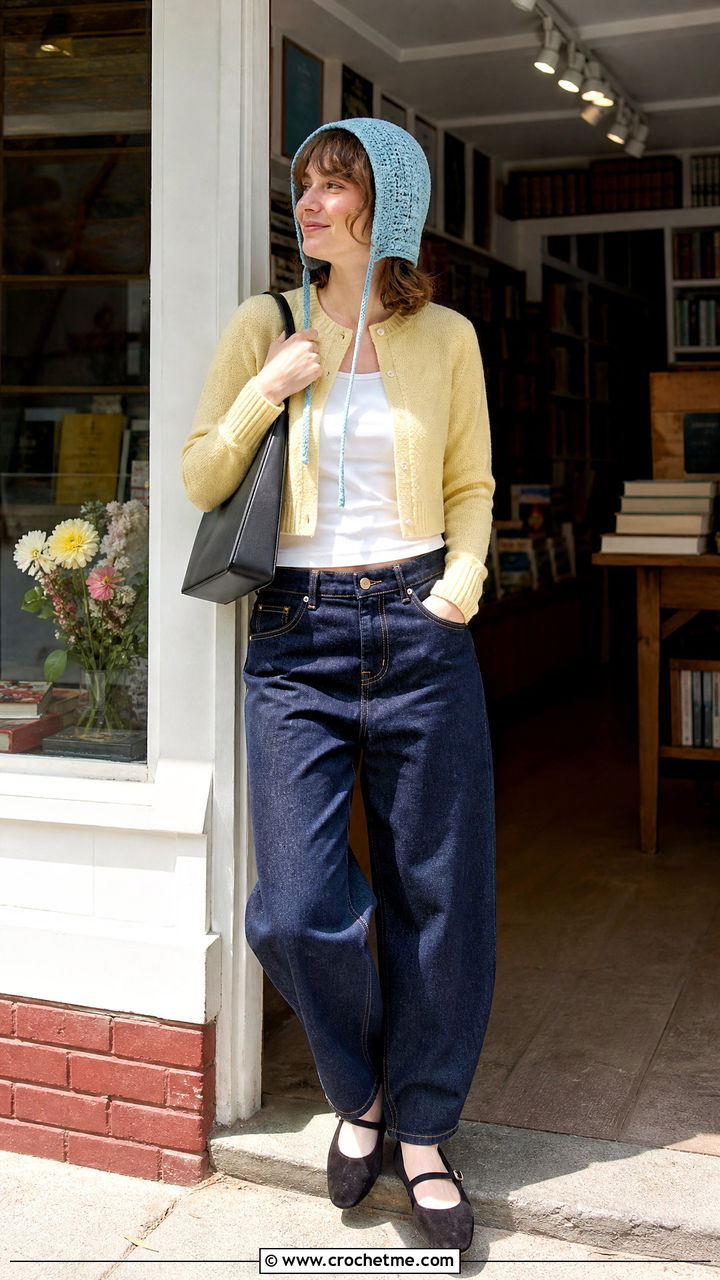Crochet Bonnet Hat With Cardigan And Barrel Jeans - 35 crochet hat for women outfit ideas