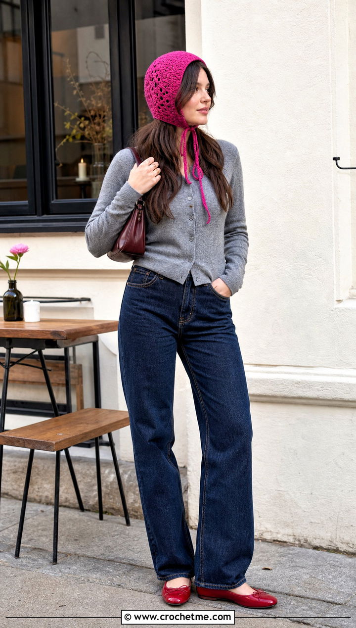 Crochet Bonnet Hat With Cardigan And Straight Leg Jeans - 35 quick crochet hat outfit ideas