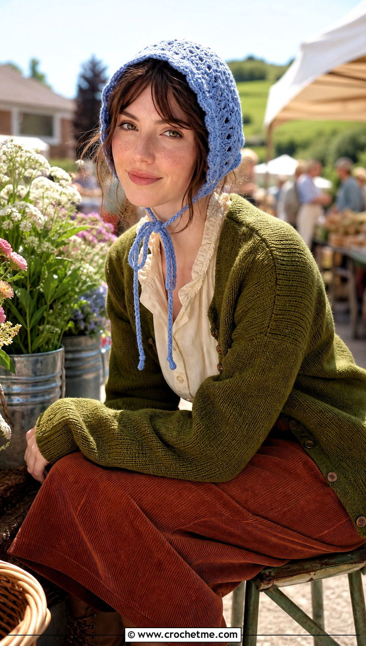 Crochet Bonnet Hat With Corduroy Skirt And Lace Up Boots - 30 easy crochet winter hat outfit ideas