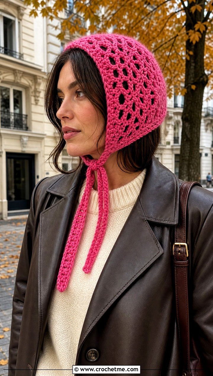 Crochet Bonnet Hat With Leather Coat - 20 Fun Crochet Hat outfit ideas