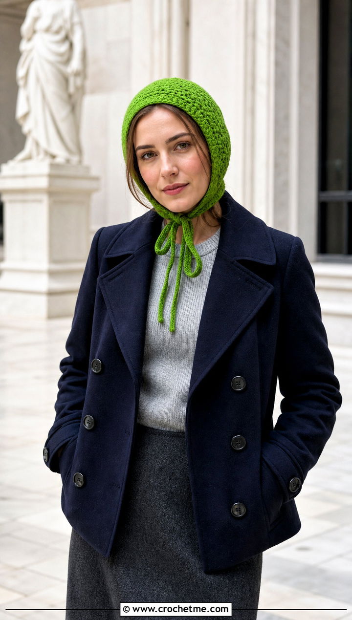 Crochet Bonnet Hat With Peacoat and Midi Skirt - 15 Crochet Warm Winter Hat outfit ideas