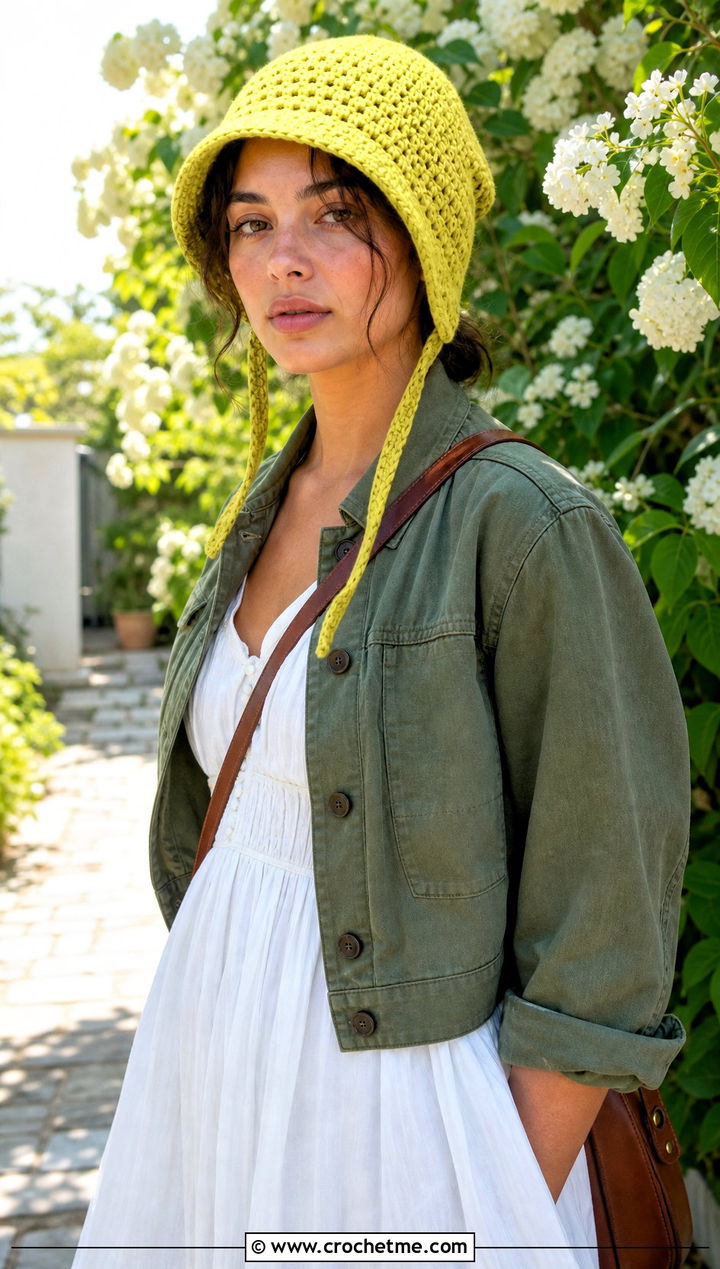 Crochet Bonnet Hat With Prairie Dress - 25 crocheted hat outfit ideas