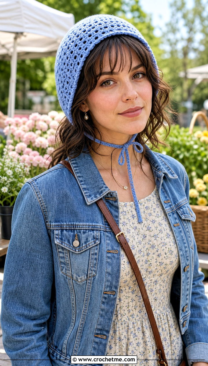 Crochet Bonnet Hat With Prairie Dress And Denim Jacket - 30 Quick And Easy Crochet Hat outfit ideas