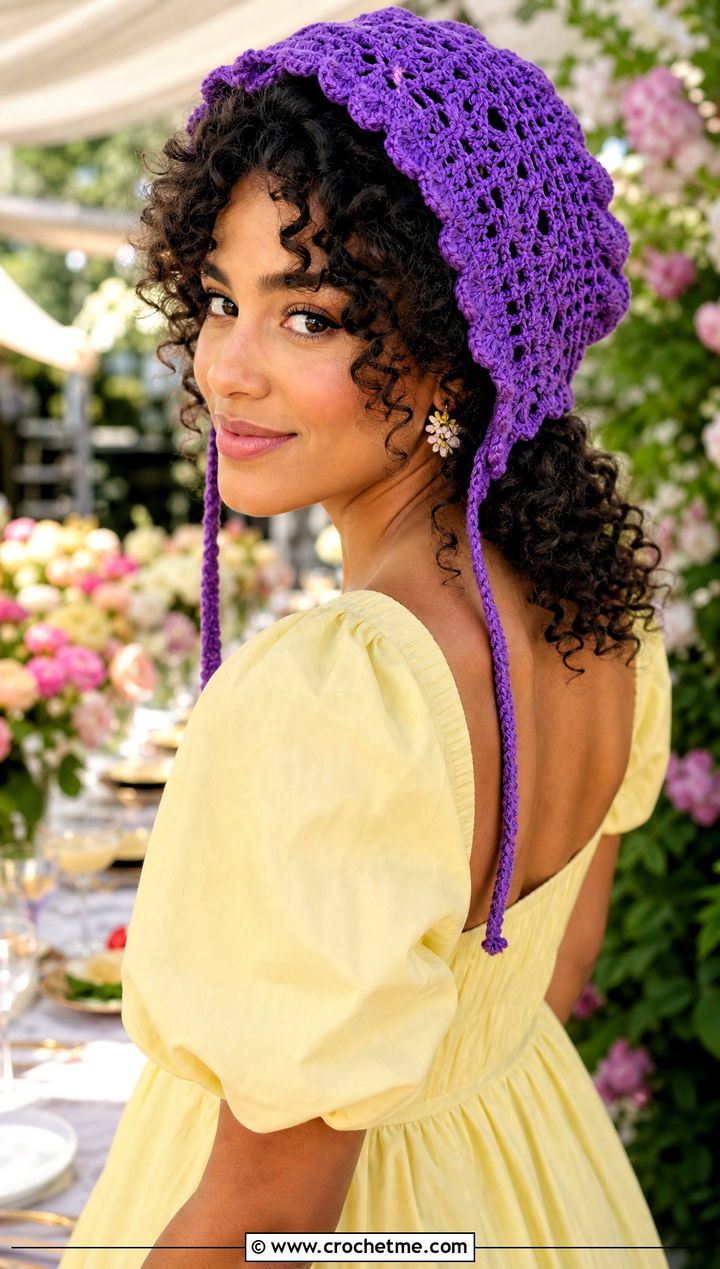 Crochet Bonnet Hat With Puff Sleeve Dress - 25 party crochet hat outfit ideas