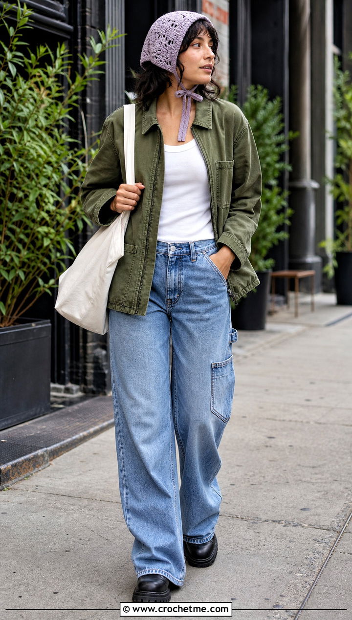 Crochet Bonnet Hat With Utility Jacket - 35 Crochet Hat Inspo outfit ideas