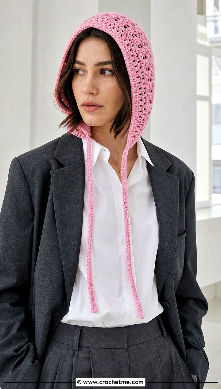 Crochet Bonnet Hood Hat With Tailored Trousers - 25 crochet hood hat outfit ideas