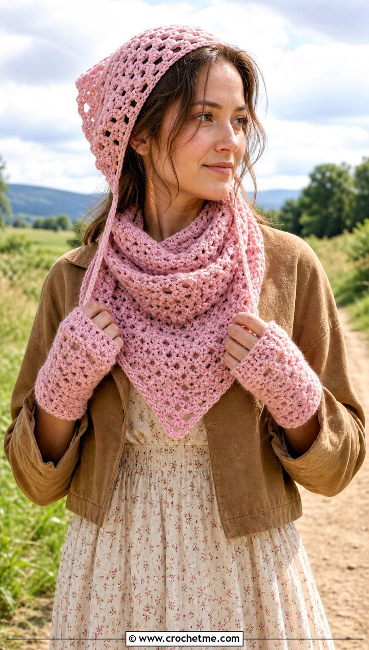 Crochet Bonnet Triangle Scarf And Fingerless Gloves With Prairie Dress - 25 crochet hat scarf gloves set outfit ideas