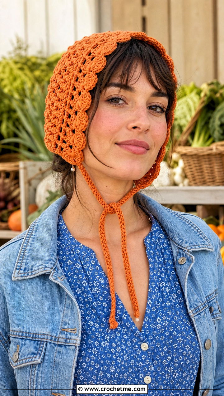 Crochet Bonnet With Braided Ties And Prairie Dress - 30 crochet hat with braids outfit ideas