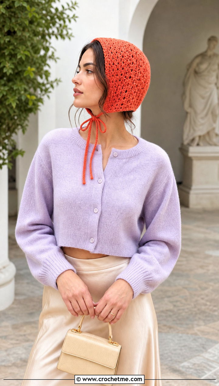 Crochet Bonnet With Cardigan And Satin Skirt - 15 Fun Crochet Hats For Adults outfit ideas