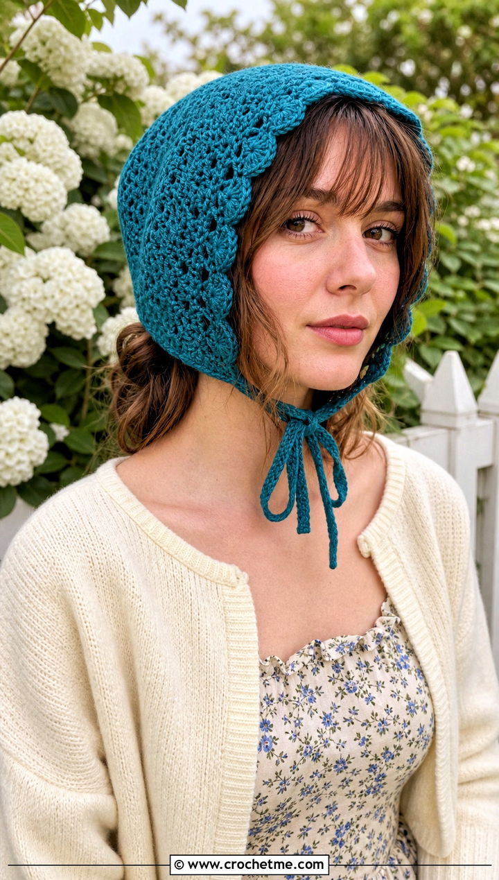 Crochet Bonnet With Cardigan and Floral Midi Dress - 15 Crocheted Womens Hats outfit ideas