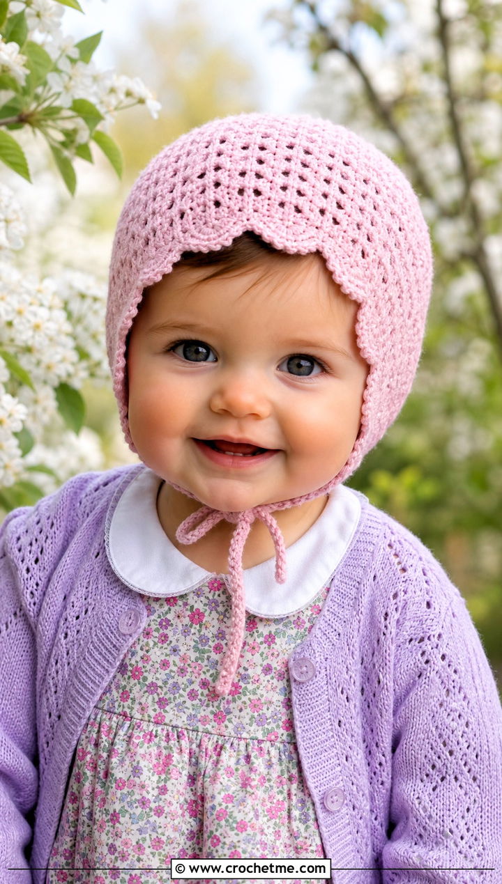 Crochet Bonnet With Floral Dress - 15 12 Month Crochet Hat outfit ideas