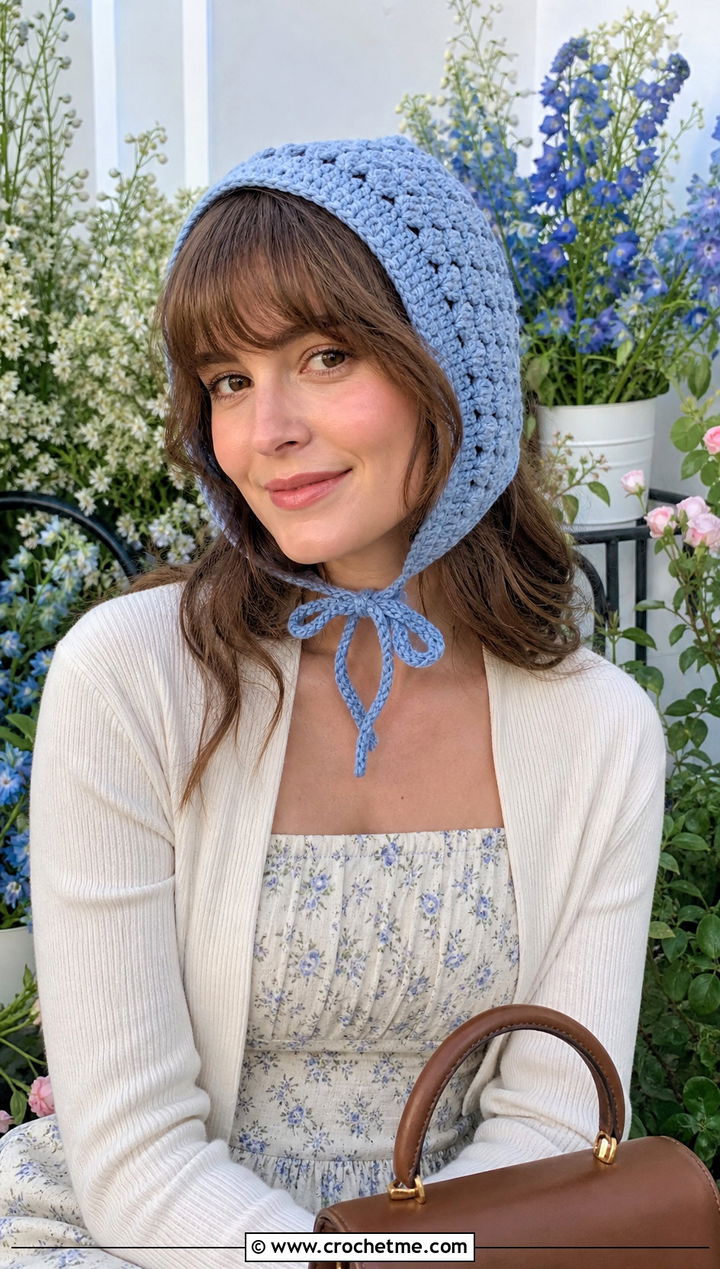 Crochet Bonnet With Floral Dress And Mary Jane Flats - 25 easy crocheted hats outfit ideas