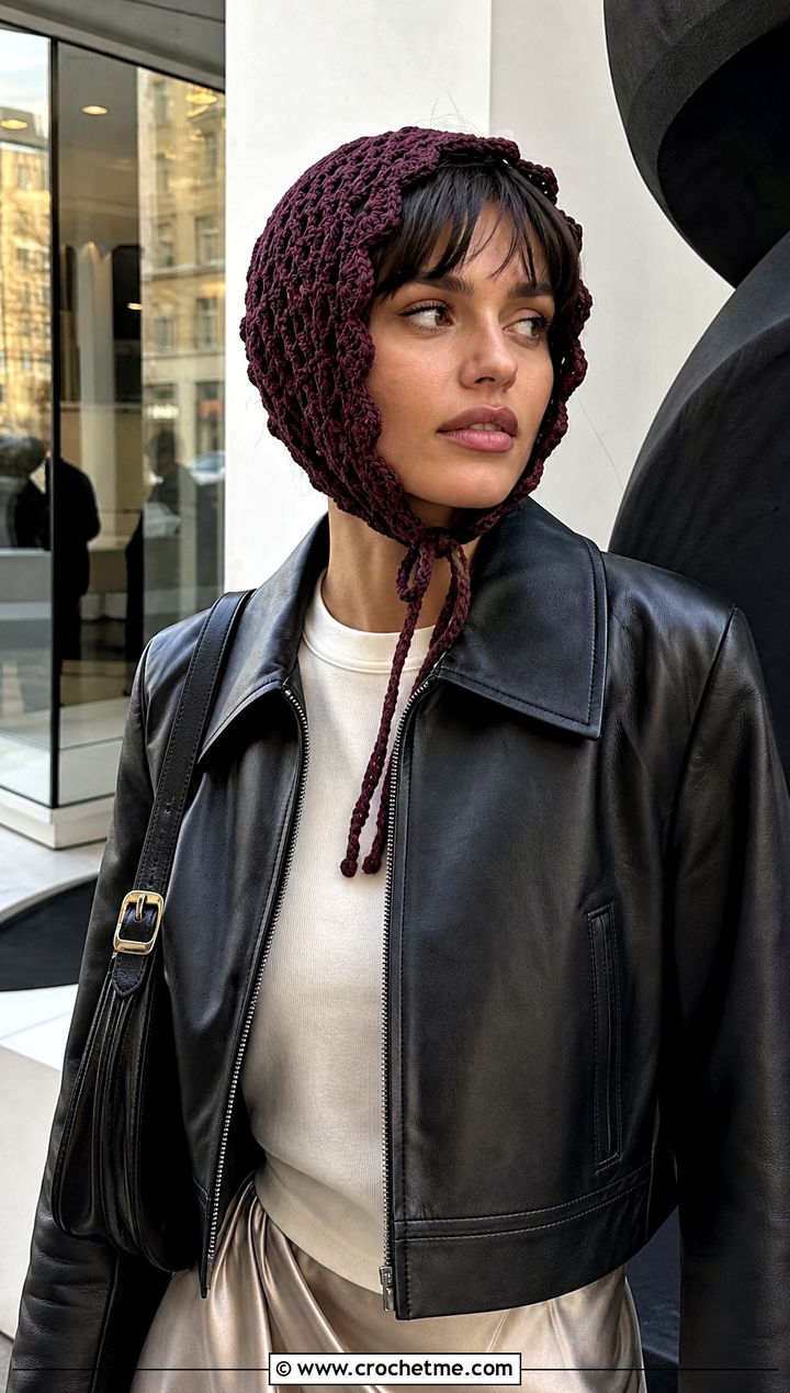 Crochet Bonnet With Leather Jacket And Midi Skirt - 15 Ladies Crochet Hat outfit ideas