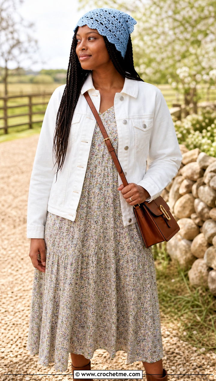 Crochet Bonnet With Long Braids And Prairie Dress - 30 crochet hat with hair outfit ideas